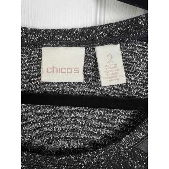Chico's Size 2 US Large Black Silver Metallic Sweater Faux Leather Shoulders - Picture 5 of 9